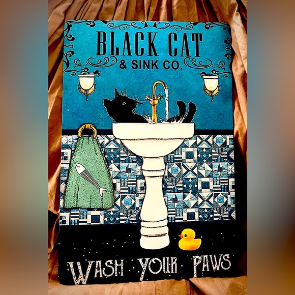 Accents | Cat Tin Metal Funny Sign Black Cat Sink Co Wash Your Paws ...
